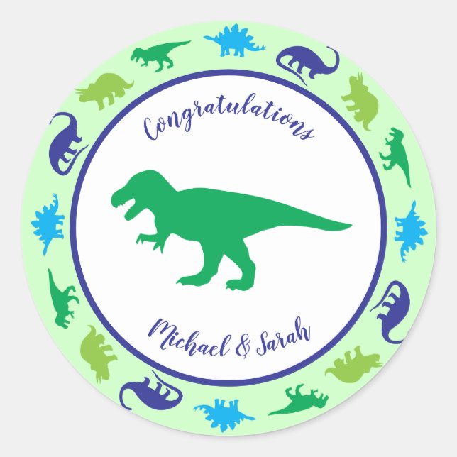 Cute Dinosaur Baby Shower Dino Blue and Green Boy Classic Round Sticker (Front)