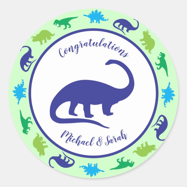 Cute Dinosaur Baby Shower Dino Blue and Green Boy Classic Round Sticker (Front)