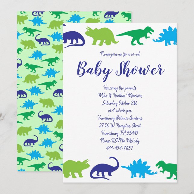 Cute Dinosaur Baby Shower Dino Blue and Green Boy Invitation (Front/Back)