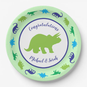 Cute Dinosaur Baby Shower Dino Blue and Green Boy Paper Plate