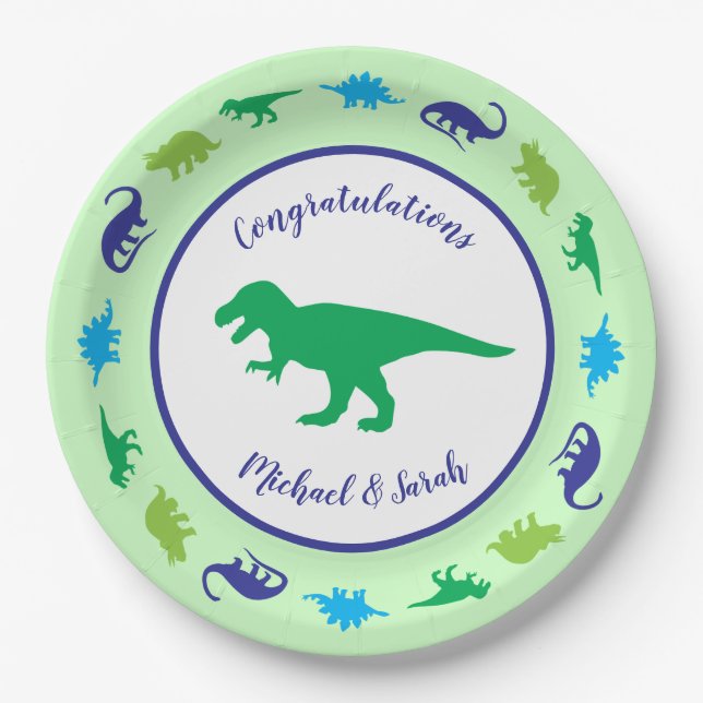 Cute Dinosaur Baby Shower Dino Blue and Green Boy Paper Plate (Front)