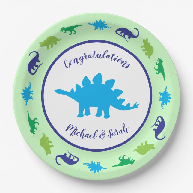 Cute Dinosaur Baby Shower Dino Blue and Green Boy Paper Plate (Front)