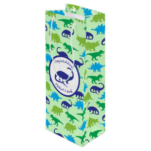 Cute Dinosaur Baby Shower Dino Blue and Green Boy Wine Gift Bag