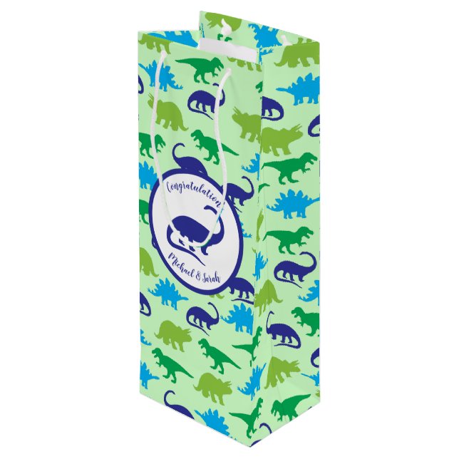Cute Dinosaur Baby Shower Dino Blue and Green Boy Wine Gift Bag (Back Angled)
