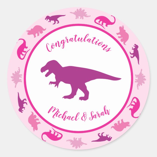 Cute Dinosaur Baby Shower Dino Pink Girl Classic Round Sticker (Front)
