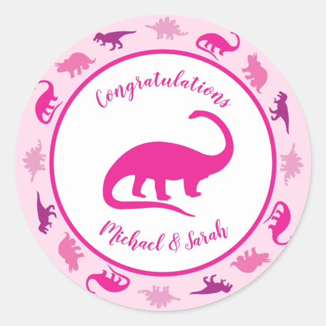 Cute Dinosaur Baby Shower Dino Pink Girl Classic Round Sticker (Front)