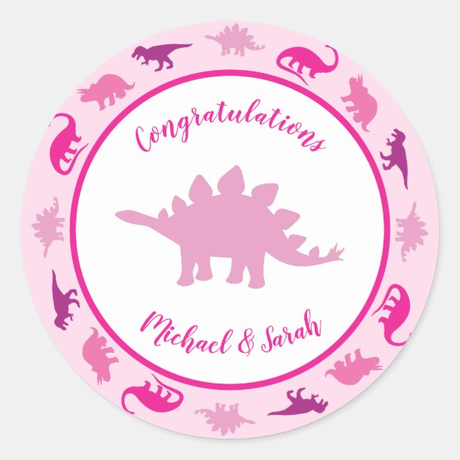 Cute Dinosaur Baby Shower Dino Pink Girl Classic Round Sticker (Front)