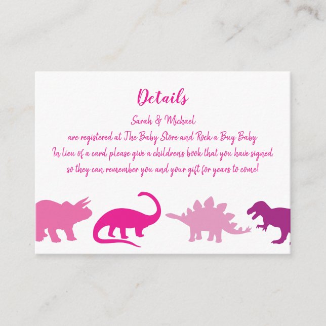 Cute Dinosaur Baby Shower Dino Pink Girl Enclosure Card (Front)