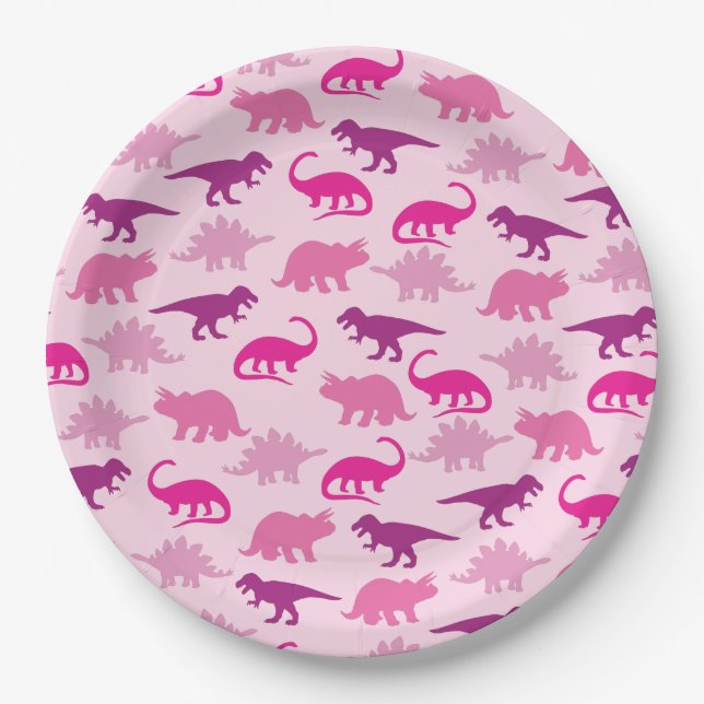 Cute Dinosaur Baby Shower Dino Pink Girl Paper Plate (Front)