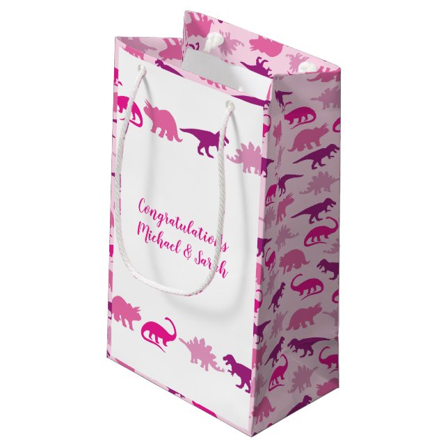 Cute Dinosaur Baby Shower Dino Pink Girl Small Gift Bag (Back Angled)