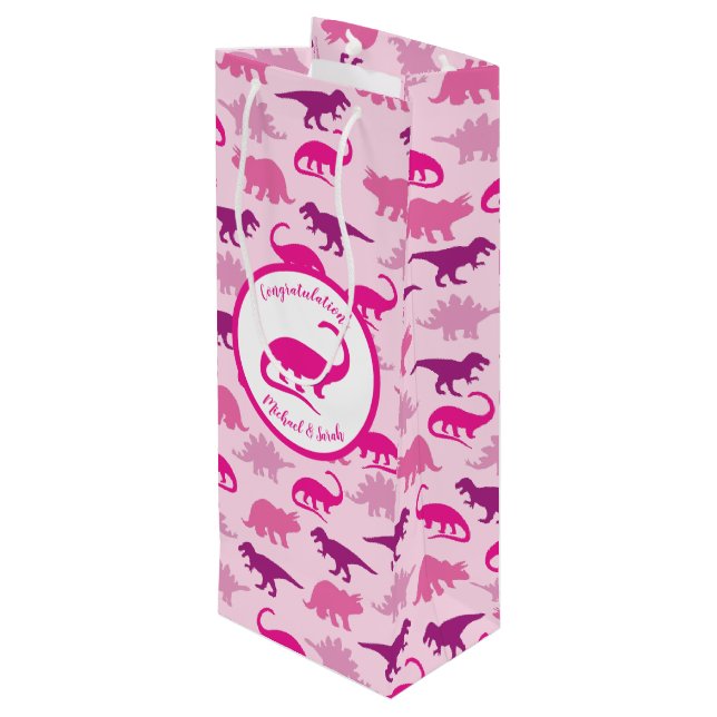 Cute Dinosaur Baby Shower Dino Pink Girl Wine Gift Bag (Back Angled)