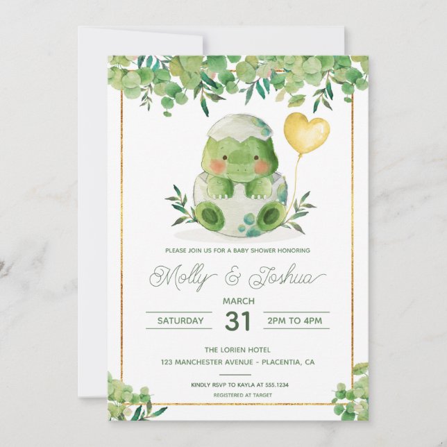 Cute Dinosaur Baby Shower Greenery Dino Invitation (Front)