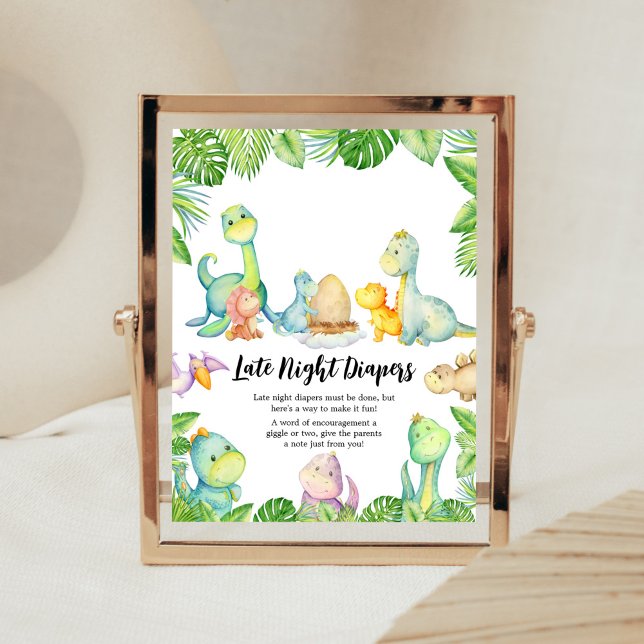 Cute Dinosaur Baby Shower Late Night Diapers Poster (Greenery Dinosaur Baby Shower Late Night Diapers Sign)