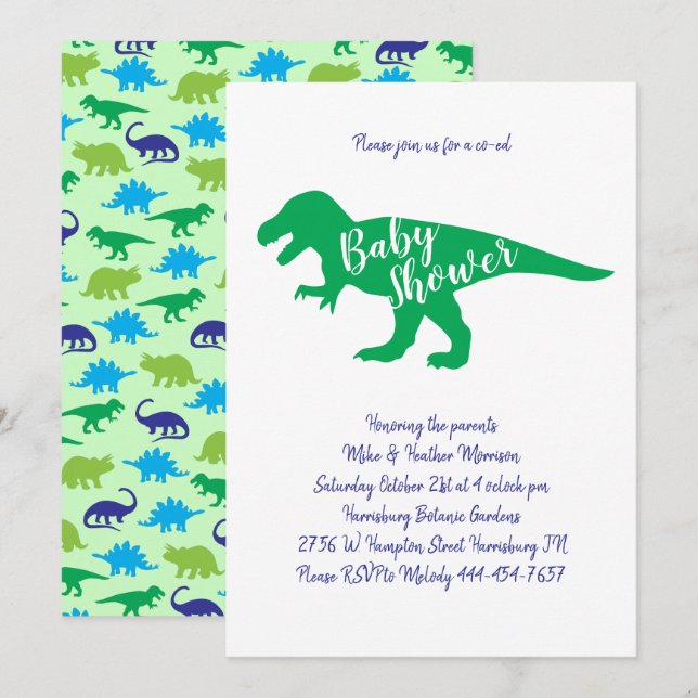 Cute Dinosaur Baby Shower T-Rex Dino Green Boy Invitation (Front/Back)