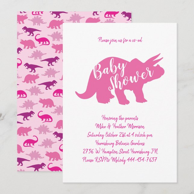 Cute Dinosaur Baby Shower Triceratops Pink Girl Invitation (Front/Back)