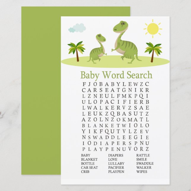 Cute Dinosaur Baby Shower Word Search Game (Front/Back)