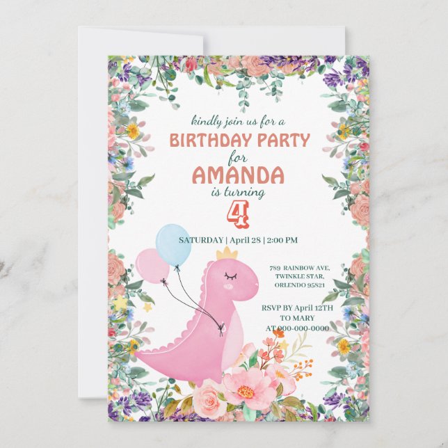 Cute dinosaur balloon floral kids Birthday Party  Invitation (Front)