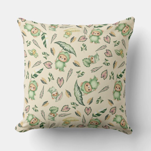 Cute Dinosaur Bear and  Leaves Seamless Pattern Cushion (Front)