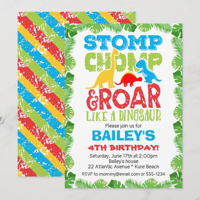 Cute Dinosaur Birthday Boy Colourful Invitation (Front/Back)