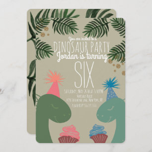 Cute Dinosaur Birthday Cupcakes Glittler Confetti Invitation