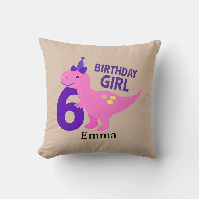 Cute Dinosaur Birthday Girl - 6th Birthday Cushion (Front)
