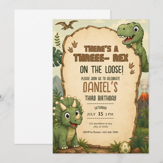 Cute Dinosaur Birthday Invitation for Boys (Front/Back)