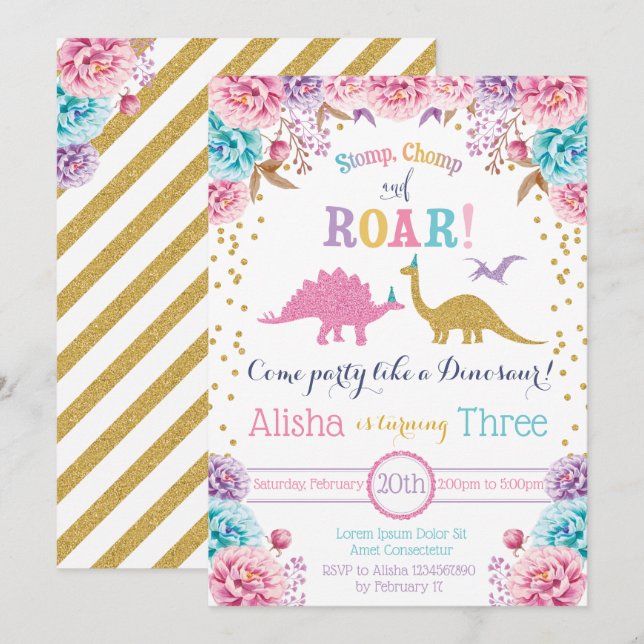 Cute Dinosaur Birthday Invitation for Girl (Front/Back)