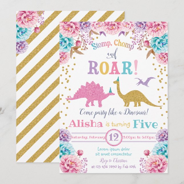 Cute Dinosaur Birthday Invitation Girl (Front/Back)