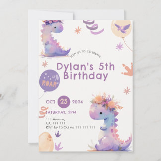 Cute Dinosaur Birthday Invitation Girl Whimical