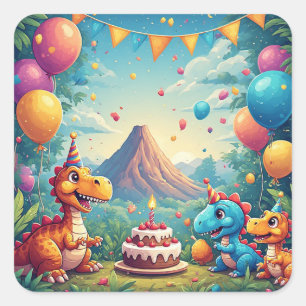 🦖 Cute Dinosaur Birthday Party In Jungle Scene 🎉 Square Sticker