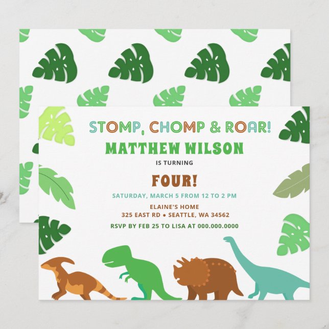 Cute Dinosaur Birthday Party Invitation (Front/Back)
