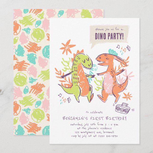 Cute Dinosaur Birthday Party Invitation (Front/Back)