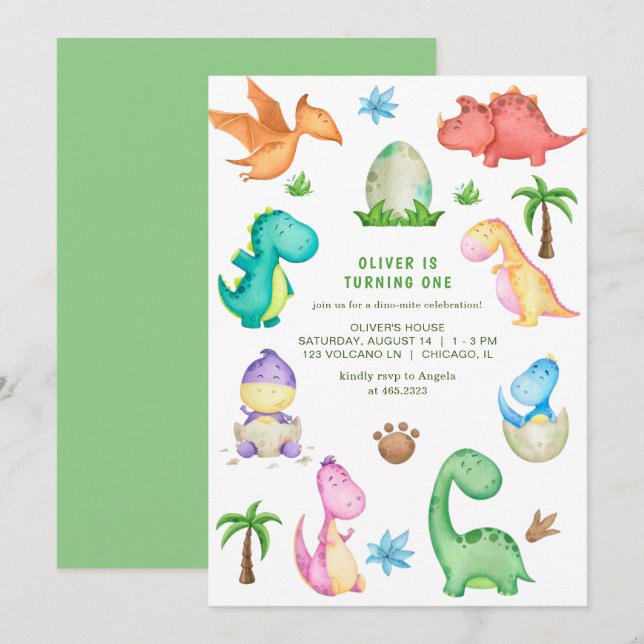 Cute Dinosaur Birthday Party Invitation (Front/Back)