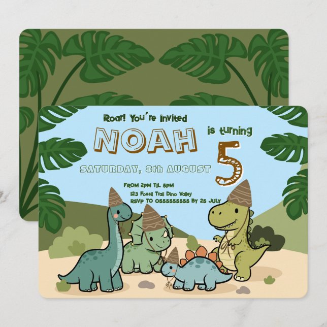 Cute Dinosaur Birthday Party Invitation | Editable (Front/Back)