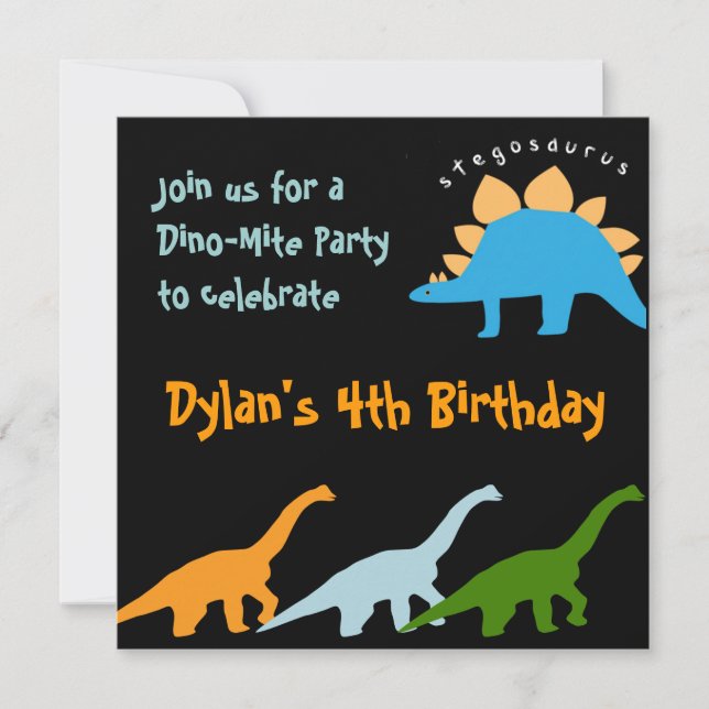 Cute Dinosaur Birthday Party Invitations Black (Front)