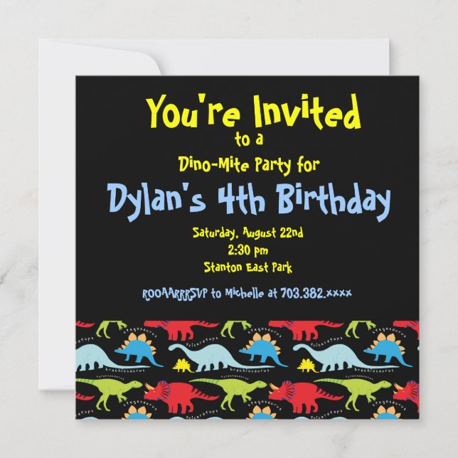 Cute Dinosaur Birthday Party Invitations Black (Front)