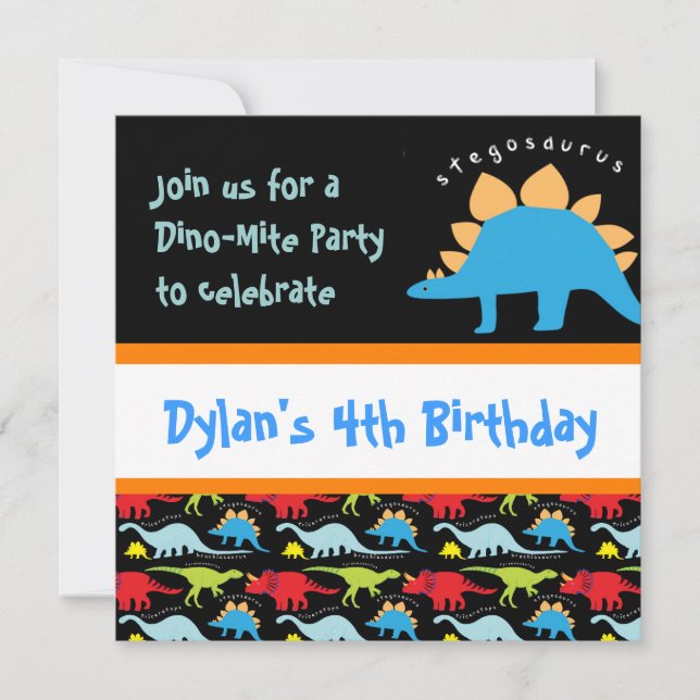 Cute Dinosaur Birthday Party Invitations Black (Front)