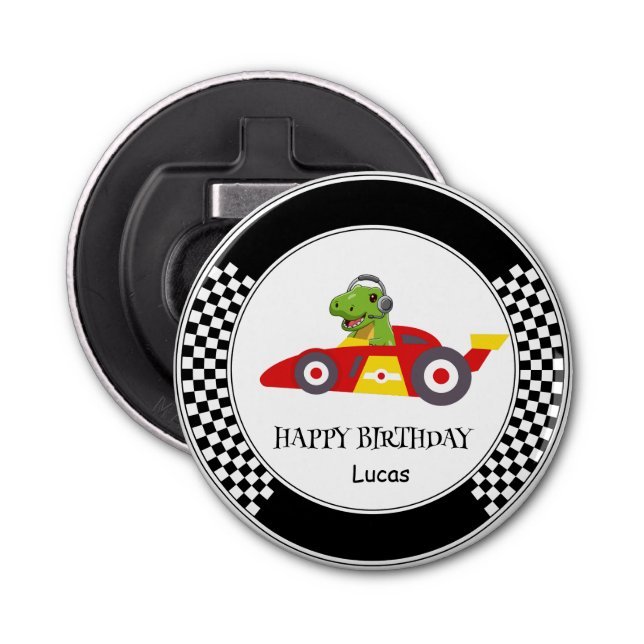 Cute Dinosaur Birthday racing car boy kids name Bottle Opener (Front)