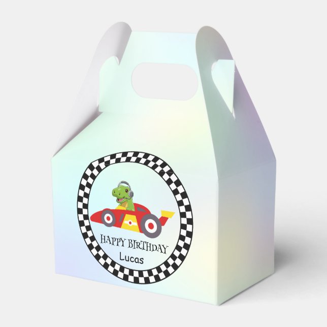 Cute Dinosaur Birthday racing car boy kids name Favour Box (Front Side)