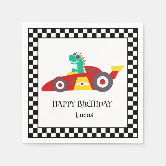 Cute Dinosaur Birthday racing car boy kids name Napkin (Front)