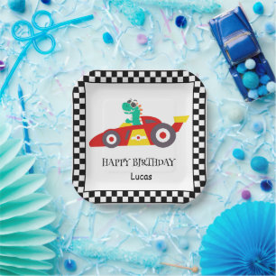 Cute Dinosaur Birthday racing car boy kids name Paper Plate