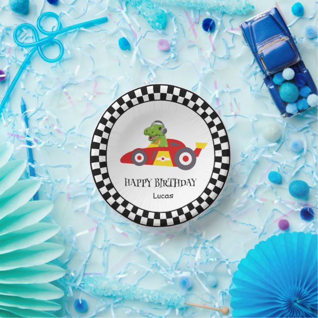 Cute Dinosaur Birthday racing car boy kids name Paper Plate (Party)