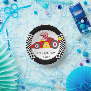 Cute Dinosaur Birthday racing car boy kids name Paper Plate