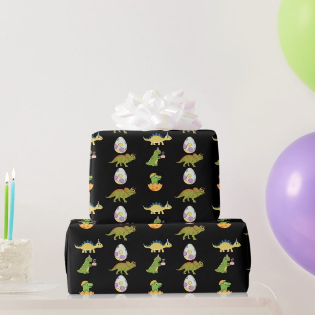 Cute Dinosaur Black Green Orange Cartoon Pattern Wrapping Paper (Party Gifts)