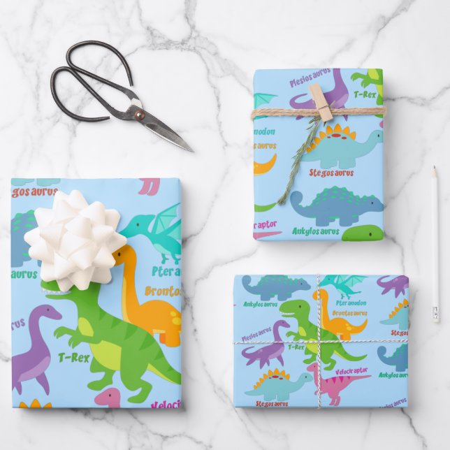Cute Dinosaur Blue Wrapping Paper Sheet (Front)
