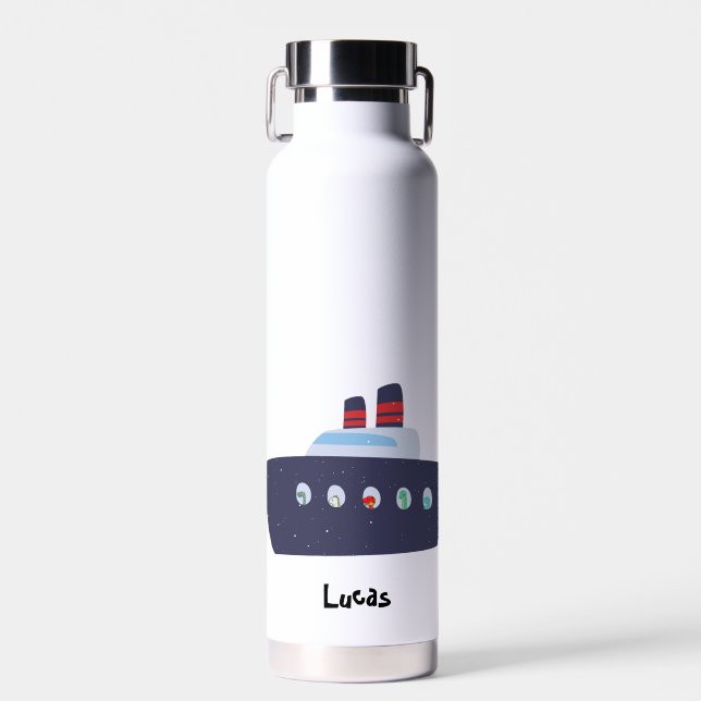 Cute dinosaur boat ship Back To School DIY name Water Bottle (Front)
