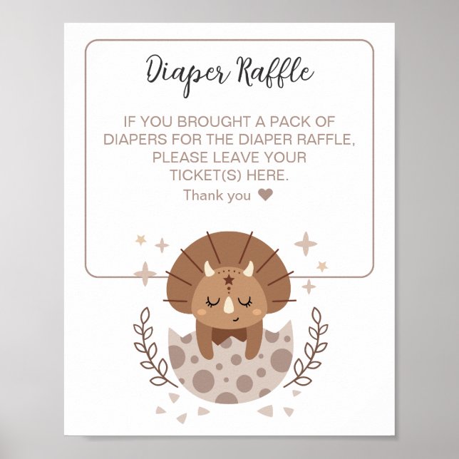 Cute Dinosaur Boho Baby Shower Diaper Raffle Sign (Front)