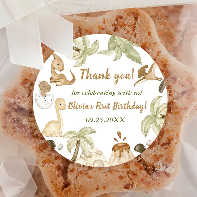 Cute Dinosaur Boy Birthday Party Classic Round Sticker (Creator Uploaded)