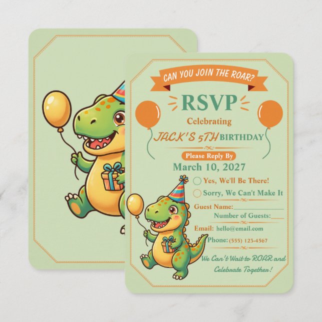 Cute Dinosaur Boy Birthday RSVP Card Editable (Front/Back)