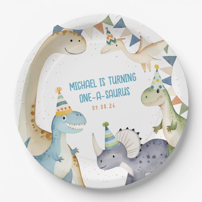 Cute Dinosaur boy dinomite birthday party Paper Plate (Front)